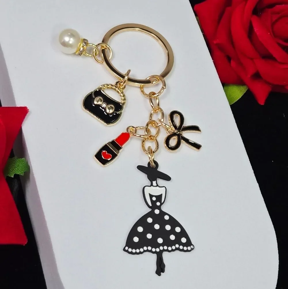 Gold Bow Pearl Fashion Keyring – Handbag, Lipstick & Glam Charms Feminine Gift